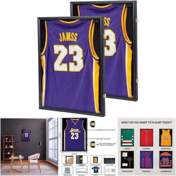 Jersey Frame 2 Pack Display Case, Lockable Shadow Box with UV Protection, Black