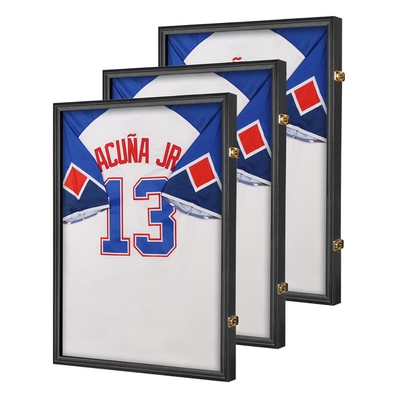 Jersey Frame Display Case 3 Pack- Large Sports Jersey Display Case, Wall Mount Lockable Flat Jersey Shadow Box with UV Protection for Football, Baseball, Basketball, Hockey, Soccer, Black