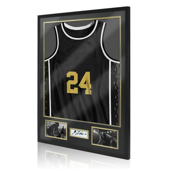 Jersey Frame Display Case for Football, Solid Wood Shadow Box with 98% UV Protection Acrylic, Two Photo Frame One Signature for Baseball, Basketball, Hockey, Uniforms - Black Walnut Finish