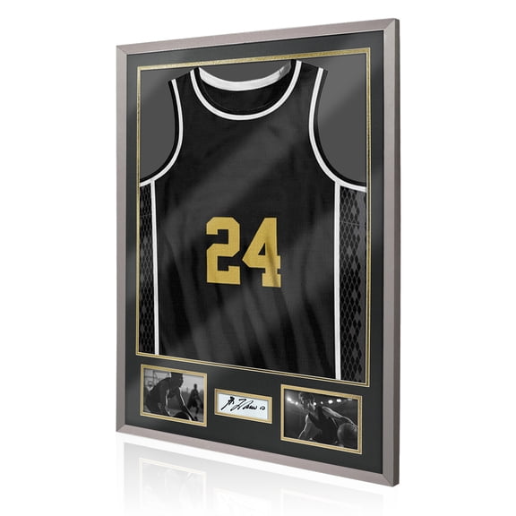 Jersey Frame Display Case for Football, Solid Wood Shadow Box with 98% UV Protection Acrylic, Two Photo Frame One Signature for Baseball, Basketball, Hockey, Uniforms - Grey