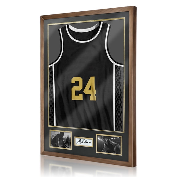 Jersey Frame Display Case for Football, Solid Wood Shadow Box with 98% UV Protection Acrylic, Two Photo Frame One Signature for Baseball, Basketball, Hockey, Uniforms -Walnut Finish