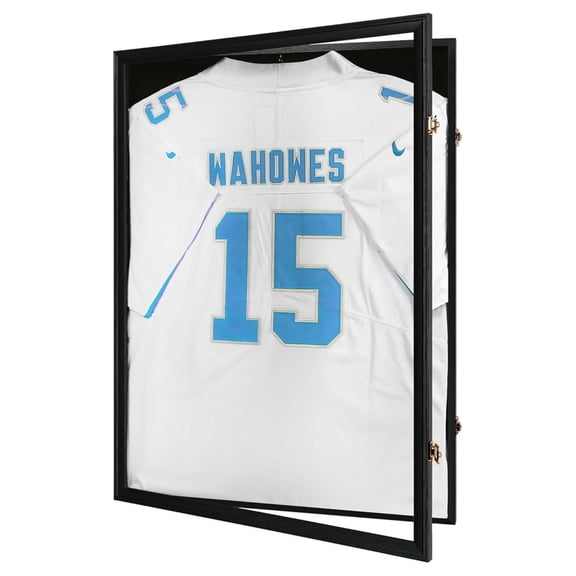 Jersey Frame Display Case-Jersey Display Box- Lockable Jersey Frame with 2 Wall Hangers and UV Resistant Acrylic-Display Case for Football Baseball Basketball Jersey-Black, Wood