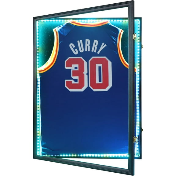 Jersey Frame Display Case with LED , Sports Jersey Frame Lockable Shadow Box with UV Protection Acrylic and Metal Hanger for Baseball Basketball Football Shirt, Black