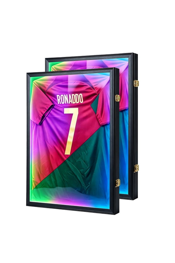 Jersey Frame Display Case with LED for Wall 2-Pack, Large Lockable T-Shirt Shadow Box, Clear UV Protection Acrylic and Hangers for Football Basketball Baseball Soccer Hockey, Matte Black