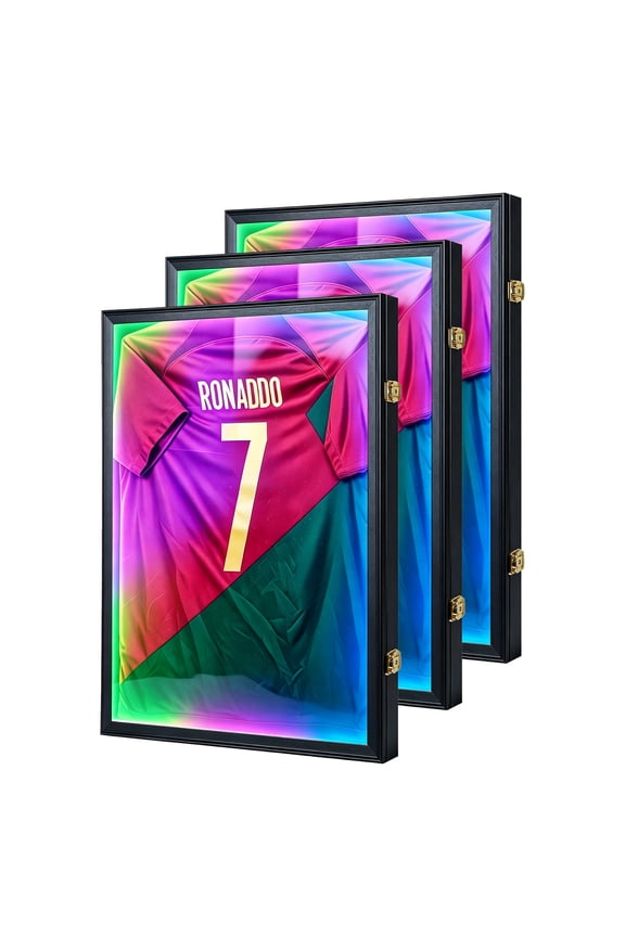Jersey Frame Display Case with LED for Wall 3-Pack, Large Lockable T-Shirt Shadow Box, Clear UV Protection Acrylic and Hangers for Football Basketball Baseball Soccer Hockey, Matte Black