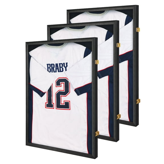 Jersey Frame Display Case - Large Lockable Frames Shadow Box with UV Protection for Baseball Basketball Football Soccer Hockey Sport Shirt Matte Black Finish,3 Pack