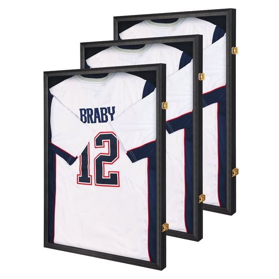 Jersey Frame Display Case - Large Lockable Wood Shadow Box with UV Protection for Baseball Basketball Football Soccer Hockey Shirt, 3 Pack, Classic
