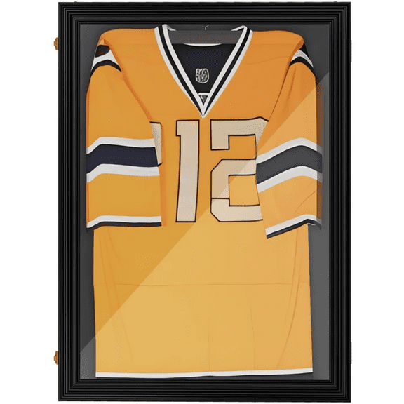 Jersey Frame Display Case for Wall ,Large Lockable T-Shirt Shadow Box with Clear UV Protection Acrylic & Hangers for Football Basketball Baseball Soccer Hockey, Matte Black 13*17in