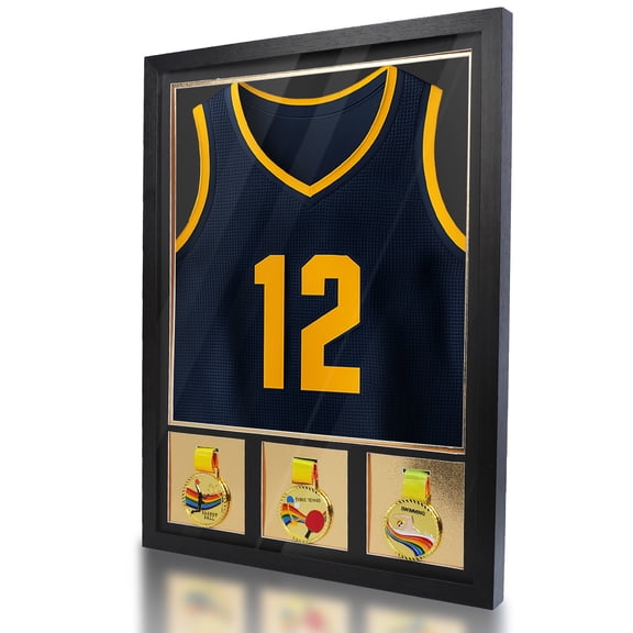 Jersey Frame Display Case Youth, Solid Wood Shadow Box with 98% UV Protection Acrylic, Three Photo Frame or Medal Display for Baseball, Basketball, Hockey, Uniforms - Youth Black Walnut Finish