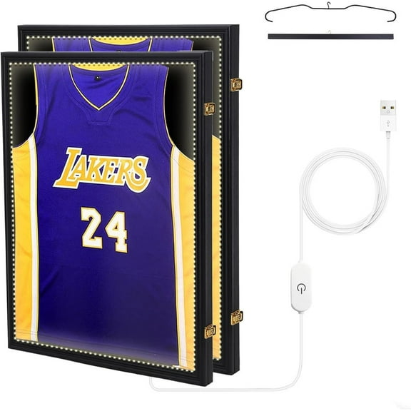 Jersey Frame, Jersey Display Case with LED Light, Hangers, 98% UV-Resistant Acrylic Frame for Football, Basketball, Soccer & Baseball Shirts (2 Pack)