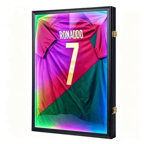 Jersey Frame with LED for Wall, Large Lockable T-Shirt Shadow Box with LED Light & Clear UV Protection Acrylic & Hangers for Football Basketball Baseball Soccer Hockey, Matte Black 1 Pack