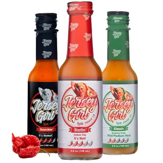 Jersey Girl Hot Sauce 5oz (Variety Pack 3, Classic Habanero, Sizzlin Ghost Pepper & Scorchin' Carolina Reaper) Sodium Free Hot Sauce Set