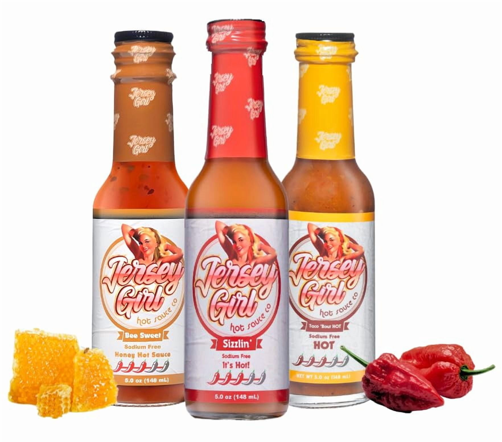 Jersey Girl Hot Sauce Variety Pack (Fiesta) Sizzlin, Bee Sweet, and Taco "Bout Hot.