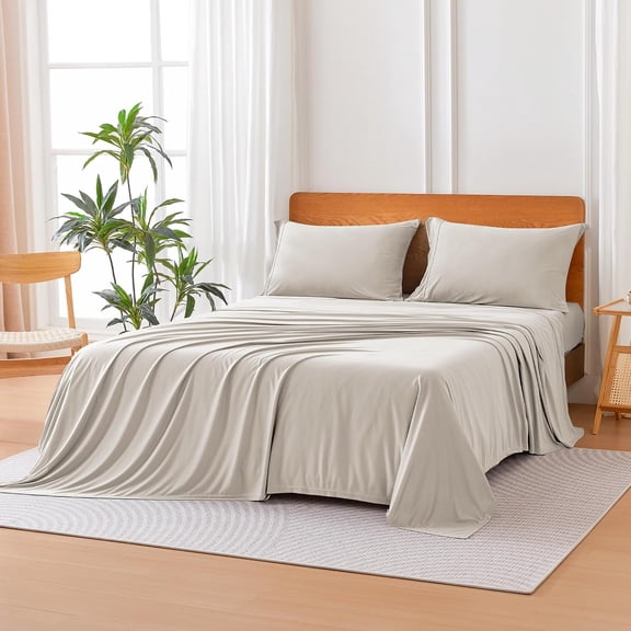 Jersey Knit 4-Piece Sheet Set with 16 Inch Deep Pocket Fitted Sheet King Beige