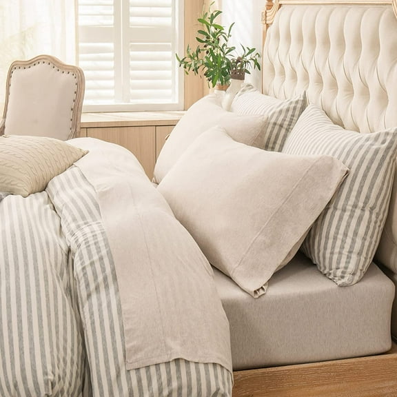 Jersey Knit 4pc Bed Sheet Set 100% T-Shirt Heather Cotton Super Soft Comfy Breathable Fits Mattress Up to 20" Extra Deep Pocket (Heather Beige, King)