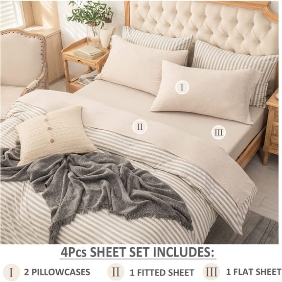 Jersey Knit Bed Sheet Set Queen Size Heather Beige 4pc Soft Cotton Deep Pocket