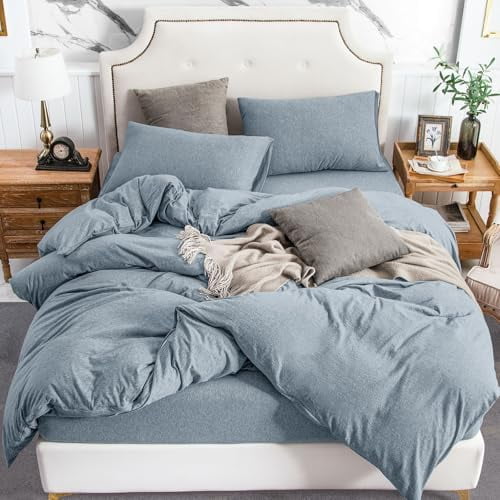Jersey Knit Duvet Cover Set 100% T-Shirt Cotton Super Soft Comfy 3pc Bedding Set with Zipper Closure (Heather Blueish Grey, Full)