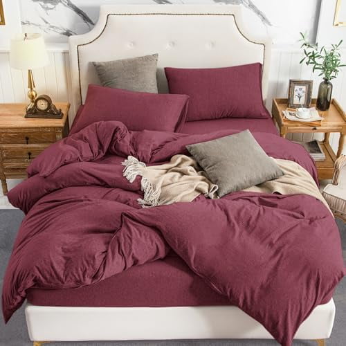 Jersey Knit Duvet Cover Set 100% T-Shirt Cotton Super Soft Comfy 3pc Bedding Set with Zipper Closure (Heather Burgundy Red, King)