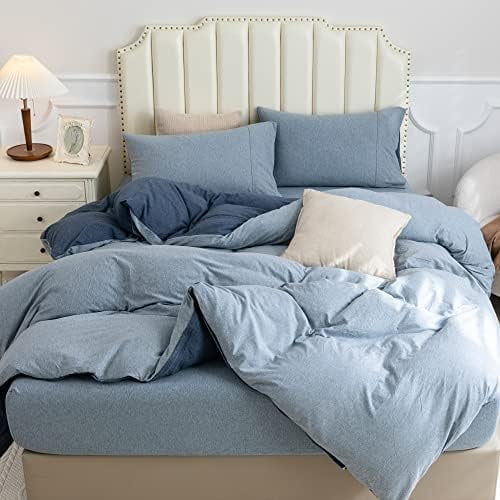 Jersey Knit Duvet Cover Set 100% T-Shirt Cotton Super Soft Comfy 3pc Bedding Set with Zipper Closure (Solid Navy/Blueish Grey, King)