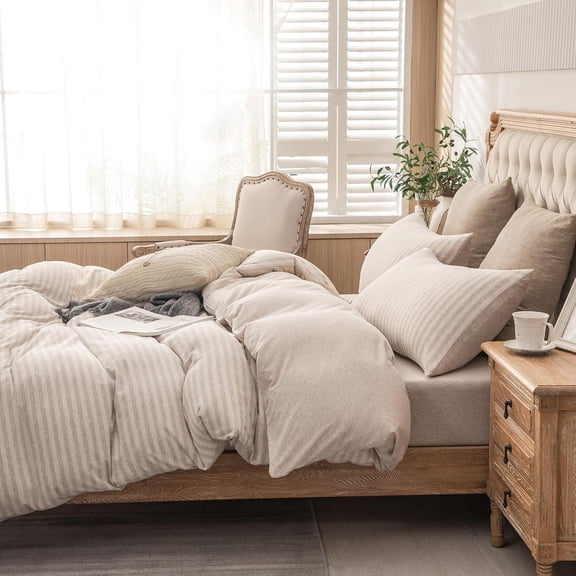 Jersey Knit Duvet Cover Set 100% T-Shirt Heather Cotton Super Soft Comfy Classic Striped Design, with Zipper Closure, Heather Beige Stripe, King