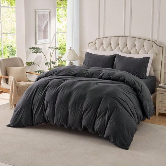 Jersey Knit Duvet Cover Set 100 TShirt Cotton Super Soft Comfy 3pc Bedding Set With Zipper Closure Heather Charcoal Grey Queen