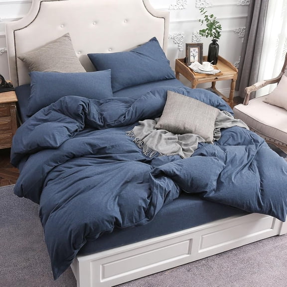 Jersey Knit Duvet Cover Set  T-Shirt Cotton Super Soft Comfy 3pc Bedding Set with Zipper Closure (Heather Navy Blue, Queen)