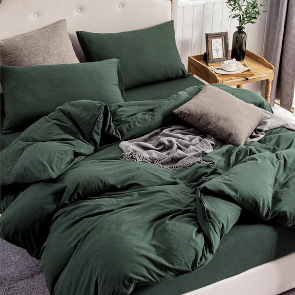 Jersey Knit Duvet Cover Set T-Shirt Cotton Super Soft Comfy 3pc Bedding Set with Zipper Closure (Solid Forest Green, Queen, 90"X90")
