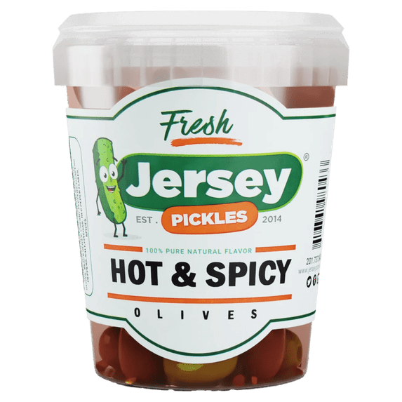 Jersey Pickles Italian Seasoned Olives with Jalapeños & Pepper Flakes, Pitted, Hot & Flavorful Mix