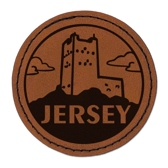 Jersey Seymour Tower Country Destination Travel Landmark Round Iron-On Engraved Faux Leather Patch Applique - 2.5 Inch - Brown