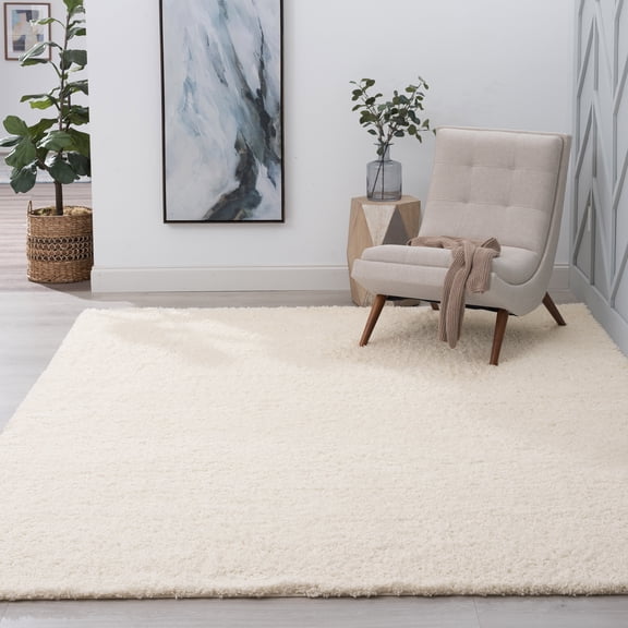 Jersey Shag Transitional Solid Cream Polypropylene Indoor Area Rug, 4'x6' Rectangle