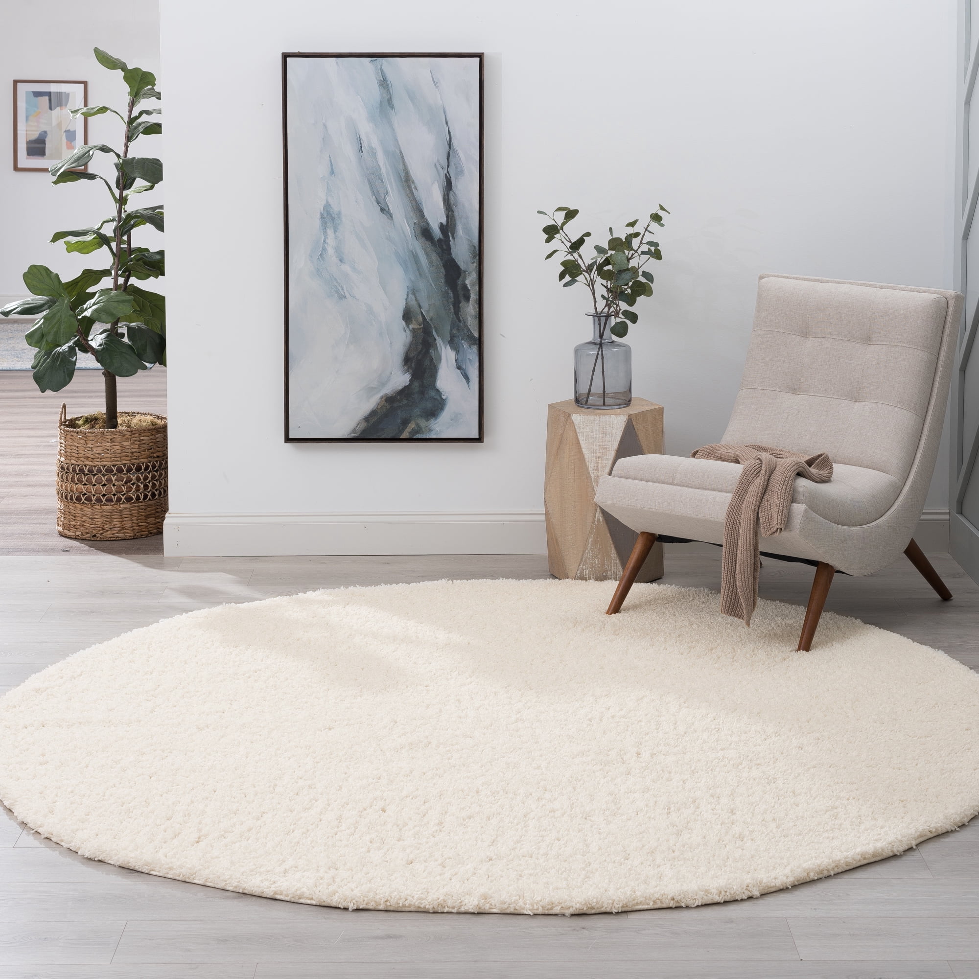 Jersey Shag Transitional Solid Cream Polypropylene Indoor Area Rug, 6'x6' Round
