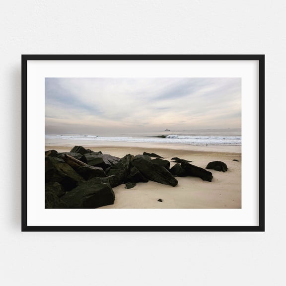 Jersey Shore Sunrise - Long Branch New Jersey Photography Beach Coast Seascape Ocean Waves Boat Landscape Black Framed Wall Art Print 5 x 7 inches
