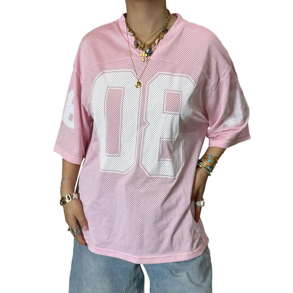 Jersey Tops for Women Y2k Oversized T Shirt Number Graphic Tees V Neck Half Sleeve Shirt Streetwear