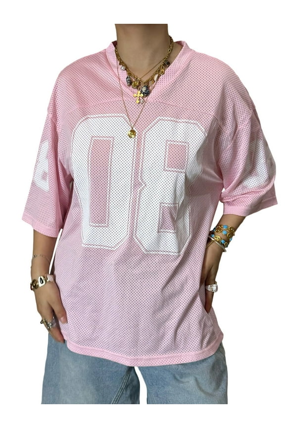 Jersey Tops for Women Y2k Oversized T Shirt Number Graphic Tees V Neck Half Sleeve Shirt Streetwear