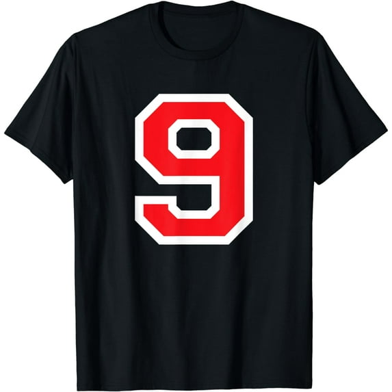 Jersey Uniform Number #9 Red Block Lettering T-Shirt