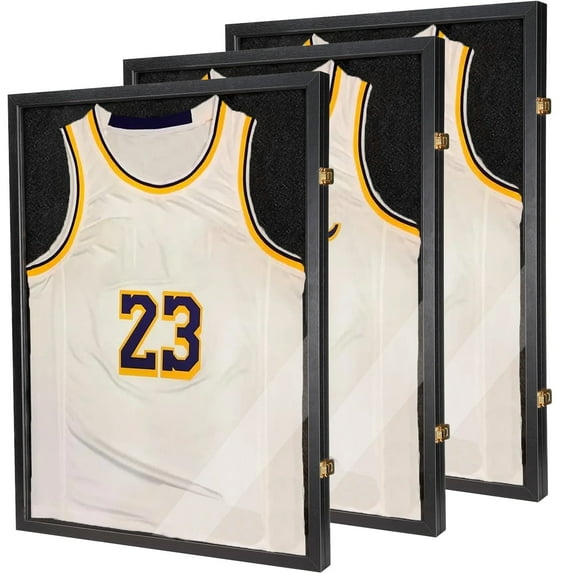 GUTAG Jersey Wooden Frame Display Case -Shadow Box with 98% UV Protection Acrylic and Hanger (Black, 3 packs)