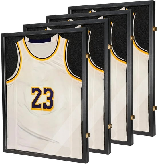 GUTAG Jersey Wooden Frame Display Case -Shadow Box with 98% UV Protection Acrylic and Hanger (Black, 4 packs)