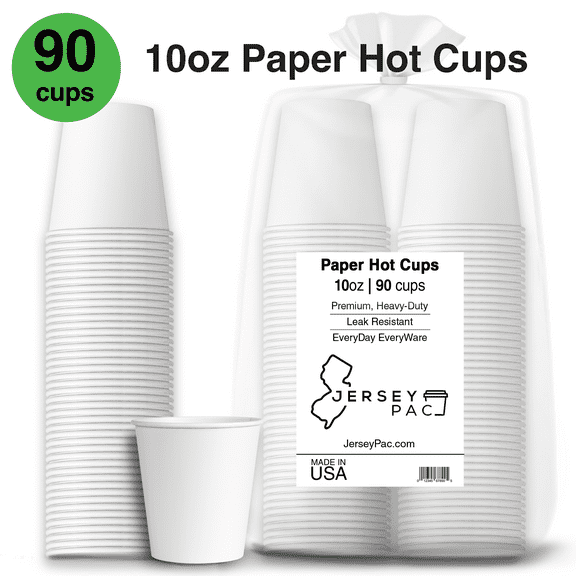 JerseyPac 10 Oz Disposable Paper Hot Cups (90-Count) Hot Coffee, Tea, Cocoa Party Use - Thick, Heavy-Duty, Leak-Resistant Drinkware - Recyclable, Eco-Friendly - White