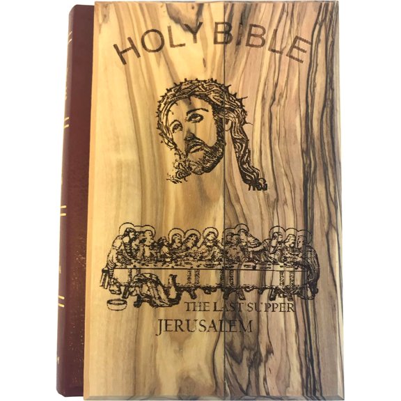 Jerusalem Bible, Olive Wood Cover carved with the Last Supper / Crucifixion (English, 1094 pages)