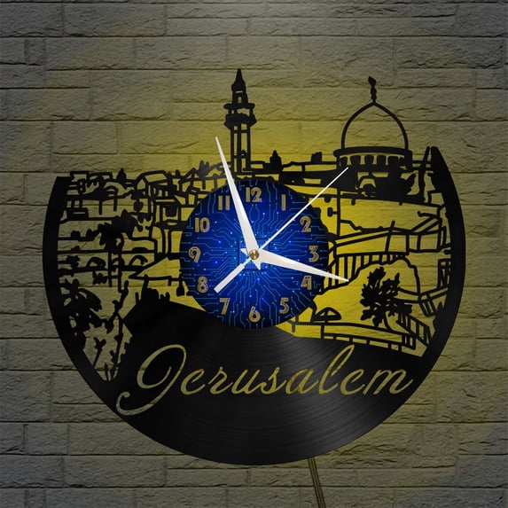 Jerusalem City View 12 Inch Vinyl Record Wall Clock - Silent, Creative, and Unique Clock for Living Room, Entryway, or Bedroom Decor - Perfect Gift Idea(12 inchs B with LED)