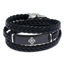 Jerusalem Cross Layered Wrap Leather Greek Crossbars Bracelet Christian Crusaders Crosses Men Biker Bangle Catholic Religious Jewelry for Israel, Black