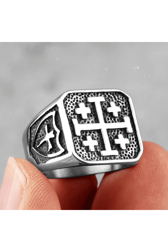 Jerusalem Cross Religion 14K White Gold Mens Rings Simple Retro for Male Boyfriend Biker Jewelry Creativity Gift