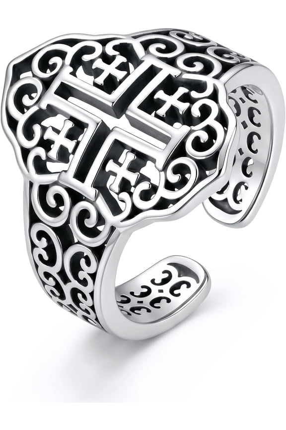 Jerusalem Cross Ring for Men Women, 925 Sterling Silver Oxidized Crusader Cross Shield Adjustable Open Band, Vintage Filigree Medieval Religious Statement Jewelry Gift