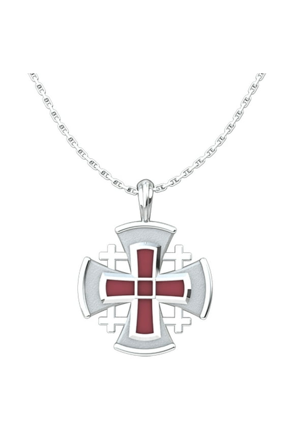 Jerusalem Cross with Red Enamel Pendant with 18" Sterling Silver Chain