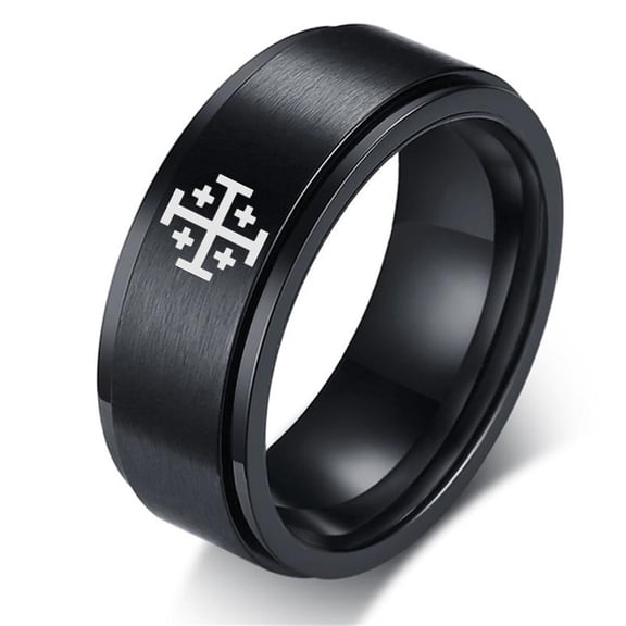 Jerusalem Crusaders Cross Templar Spinner Ring Men's Stainless Steel Greek Crosses Symbol of Christ's Command Rotatable Anxiety Relieve Ring Medieval Christian Jewelry for Protection, Black, Size 10