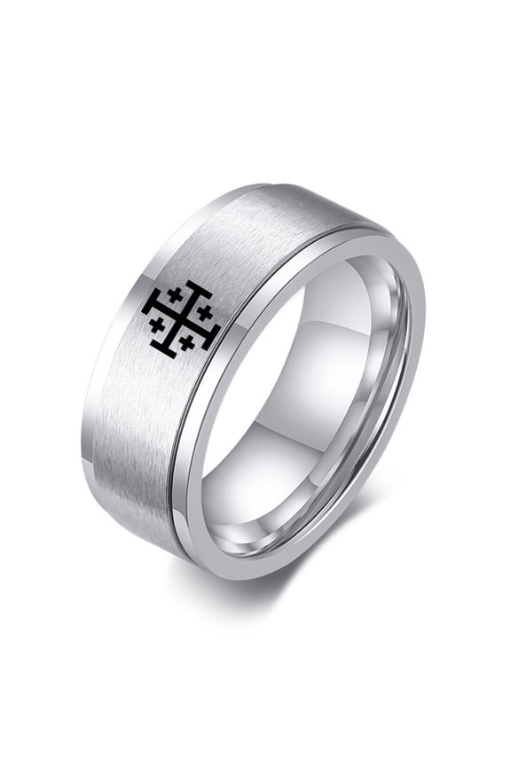 Jerusalem Crusaders Cross Templar Spinner Ring Men's Stainless Steel Greek Crosses Symbol of Christ's Command Rotatable Anxiety Relieve Ring Medieval Christian Jewelry for Protection, Silver, Size 8