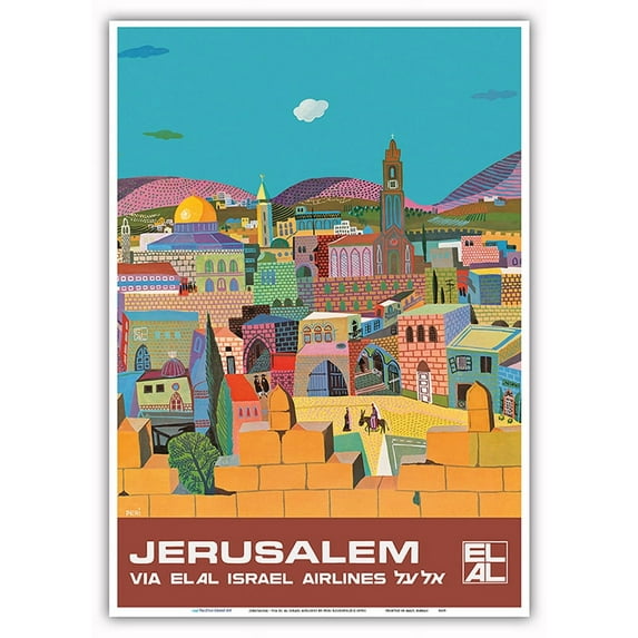 Jerusalem Israel - via El Al Israel Airlines - Vintage Airline Travel Poster by Peri Rosenfeld c.1970s - Master Art Print 10in x 14in