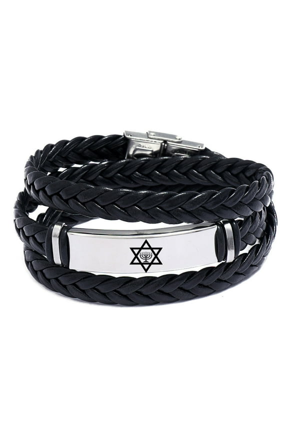 Jerusalem Menorah Jewish Star of David Symbol Layered Wrap Leather Bracelet for Men Religious Mogen David Star Bangle Judaica Amulet Jewelry, Silver