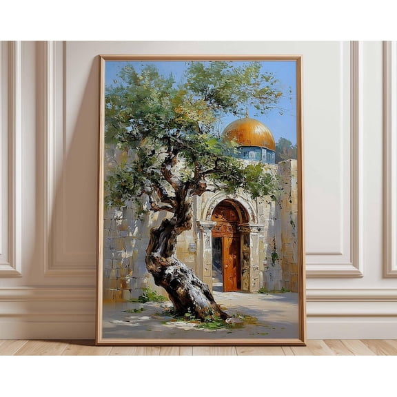 Jerusalem Olive Tree Golden Dome Wall Art Print, Unframed Paper Poster 16x20in