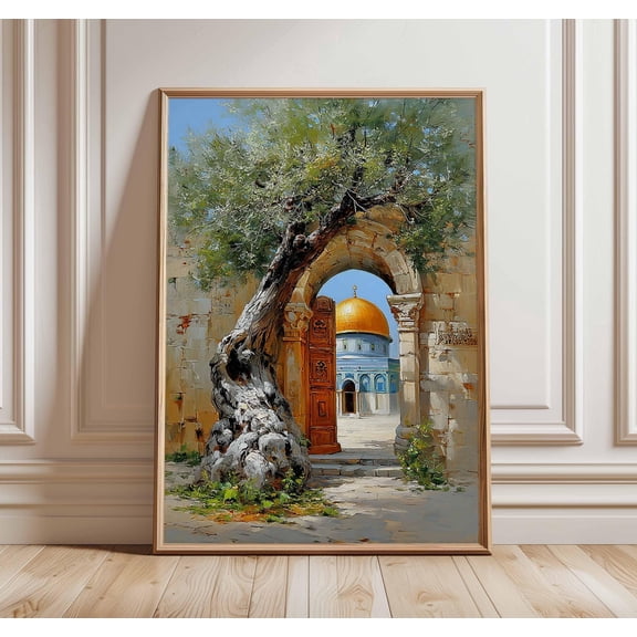 Jerusalem Olive Tree Poster, Middle Eastern Architecture Wall Art, Historic City Landscape Painting, Golden Dome Decor, Travel Art Print , Poster Print Only